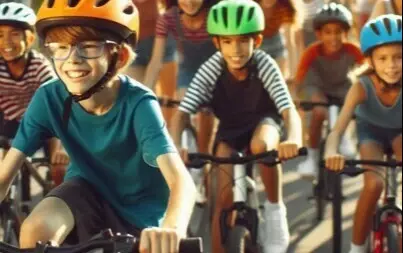 Grafika przedstawiająca dzieci biorące udział w wyścigu rowerowym
